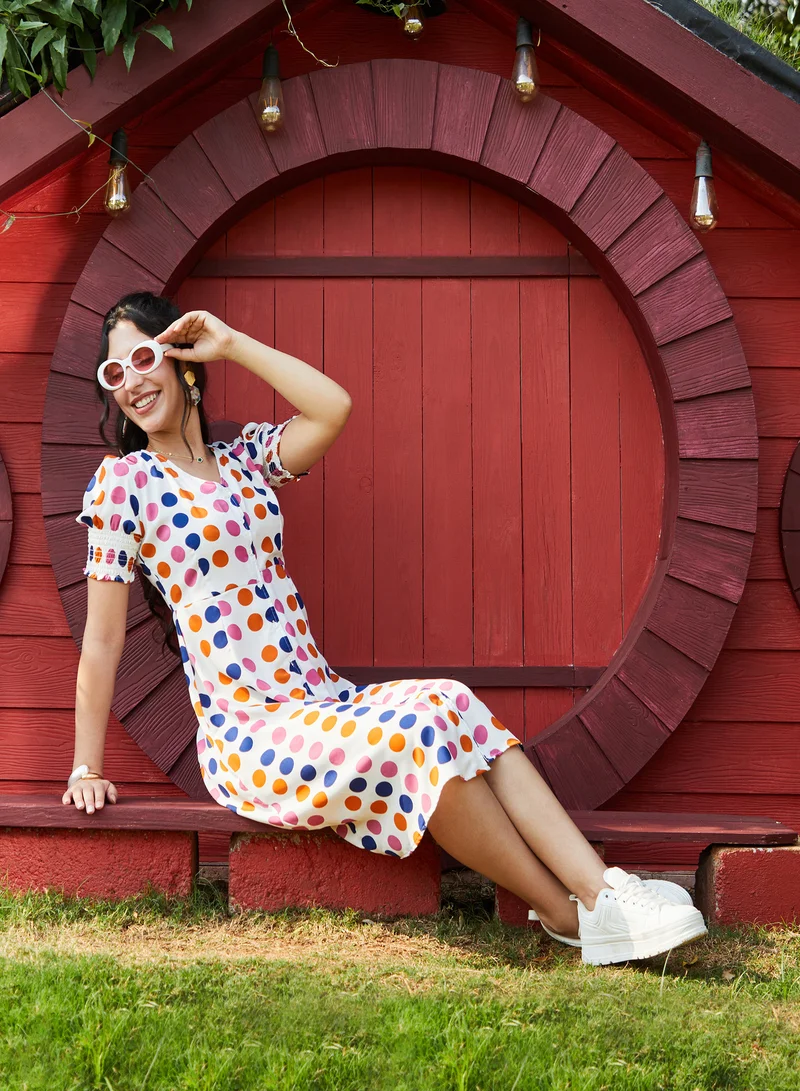 Pinacolada  Women's Multicolour Polka Dot Dress For Casual Wear | V Neck | Short Sleeve | Button Closure | Dress Designed With Comfort Fit For Woman & Girls for Women | Best Price UAE